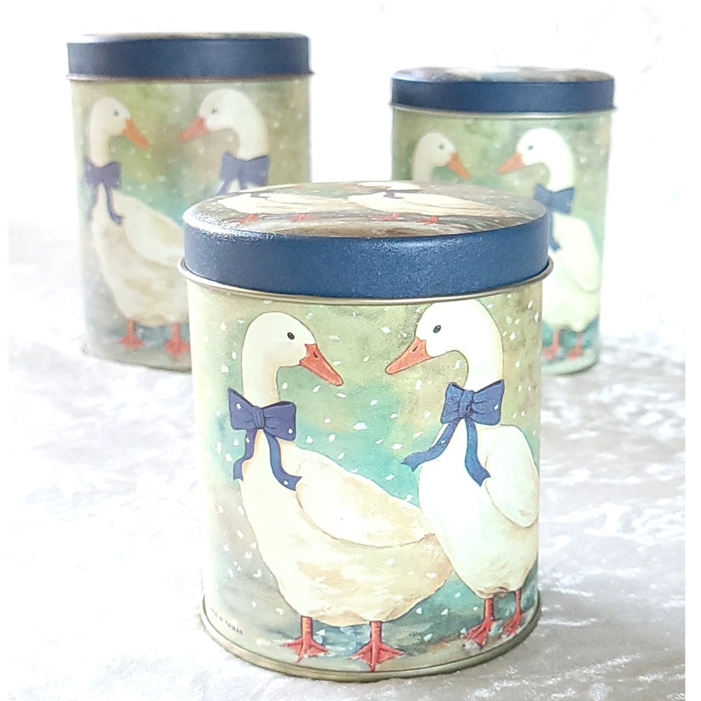 Vtg Country Geese Nesting Tin Canisters Set of 3 Blue Bows Farmhouse Decor